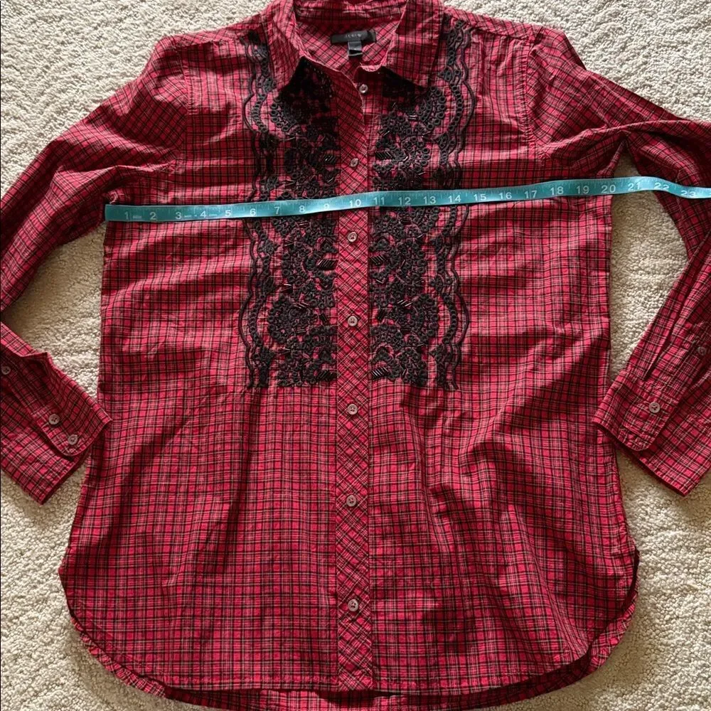 J. Crew Red and Black Plaid Shirt with Beaded Embroidery Size 8
